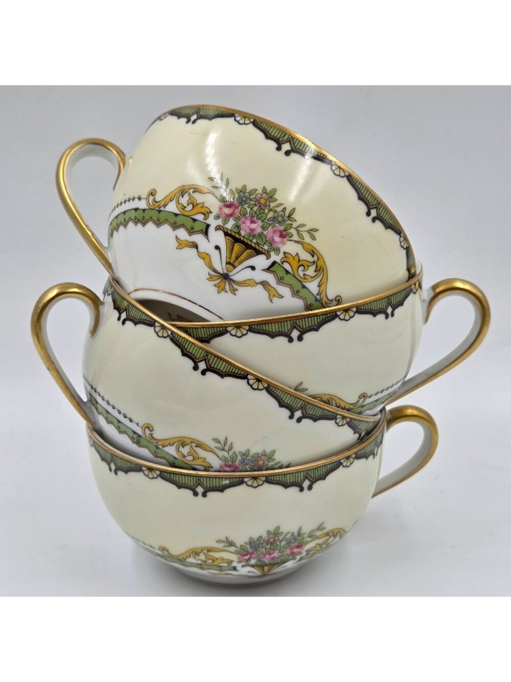 Noritake Penelope Set of 4 Flat Cup & Saucer Set Green Pink Roses Gold Trim